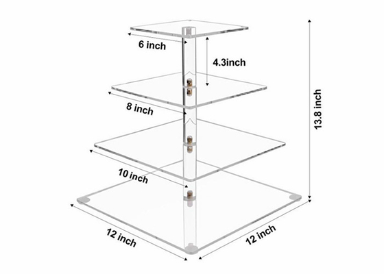 Support carré clair acrylique transparent de petit gâteau de 4 rangées de présentoir de gâteau