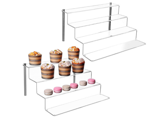 Support acrylique clair acrylique de petit gâteau en métal d'étagère de présentoir de gâteau de quatre rangées