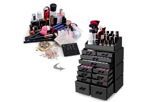 Organisateur clair cosmétique acrylique noir de stockage de maquillage de présentoir avec 12 tiroirs