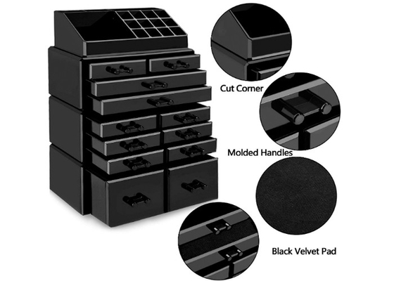Organisateur clair cosmétique acrylique noir de stockage de maquillage de présentoir avec 12 tiroirs