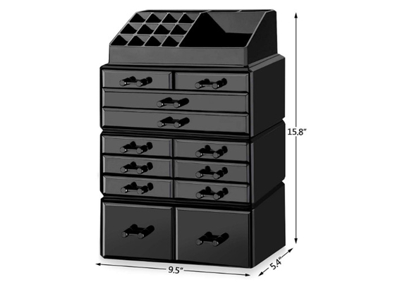 Organisateur clair cosmétique acrylique noir de stockage de maquillage de présentoir avec 12 tiroirs