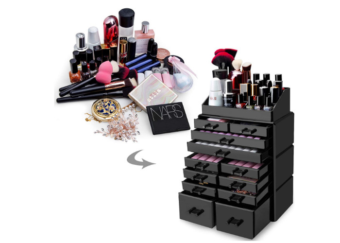 Organisateur clair cosmétique acrylique noir de stockage de maquillage de présentoir avec 12 tiroirs